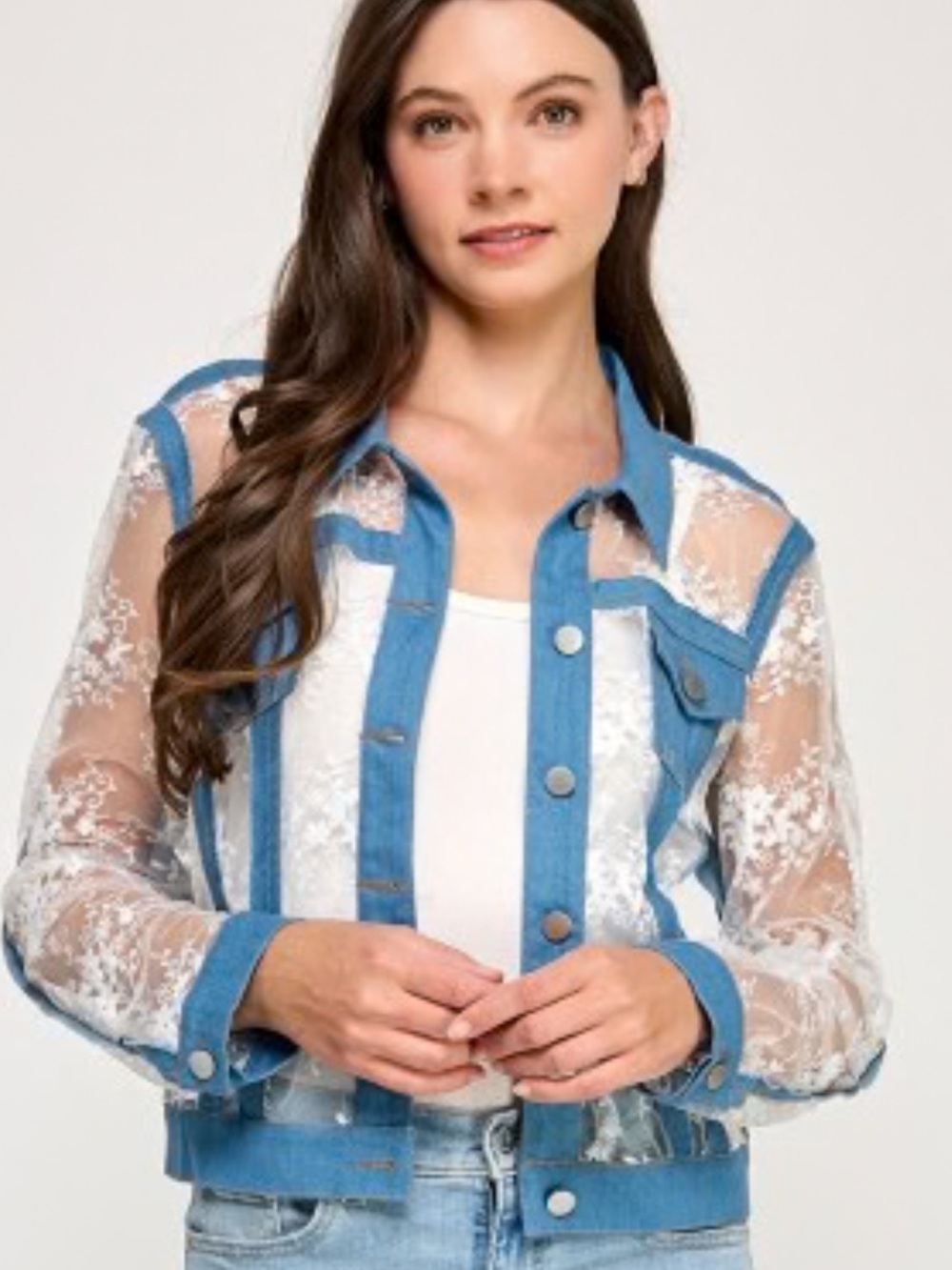 Gracia Sheer Lace Jacket with Blue Denim Trim